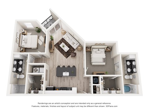Floor plan for 2 beds, 2 baths, 998 sqft
